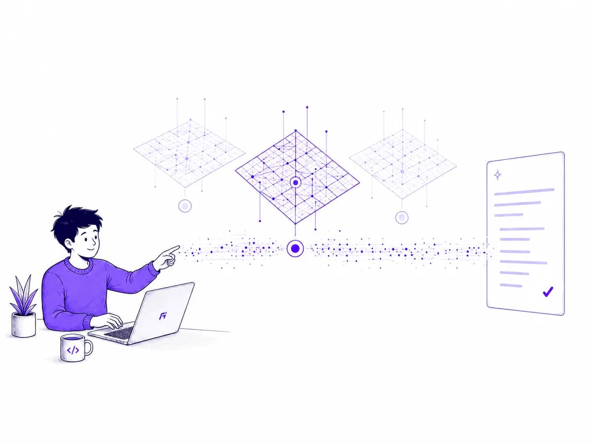 Illustrated developer selects an open model, represented by a fine neural lattice, through one app.